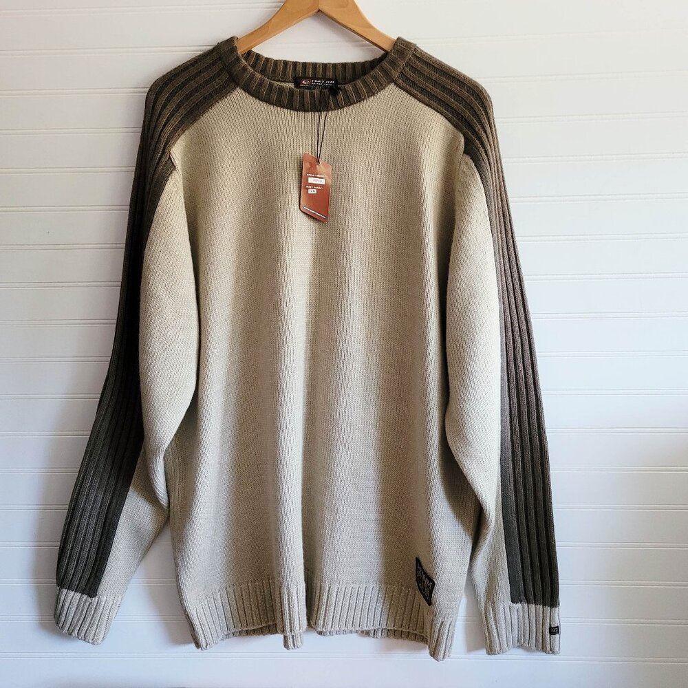 Point Zero Sweater Mens XL Beige Crew Neck Pullover Color Block NEW